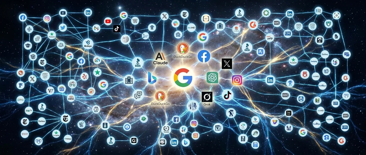 A dense neural-network constellation of citation sources, Google at the center surrounded by a deep web of established directories, social platforms, vendor sites, press hits, and authority signals