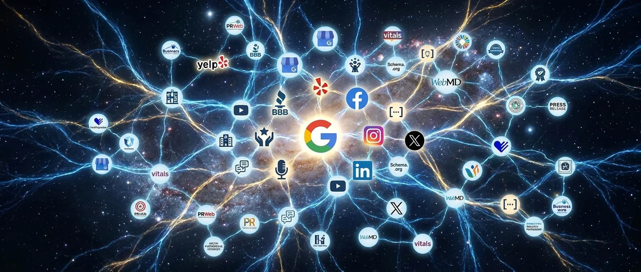A neural-network constellation of citation sources, Google at the center connected to Yelp, BBB, Healthgrades, WebMD, Vitals, Schema.org, Facebook, Instagram, LinkedIn, YouTube, X, PRWeb, Business Wire and more