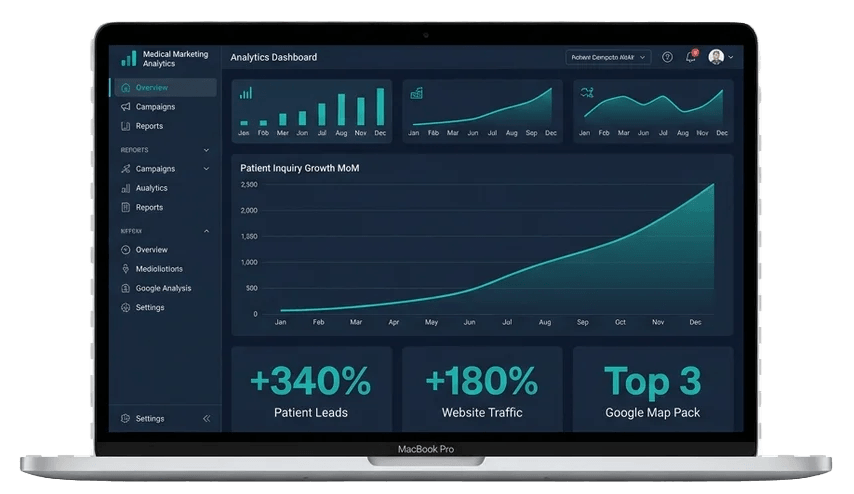 Marketing analytics dashboard on a laptop showing +340% patient leads, +180% website traffic, top 3 Google Map Pack