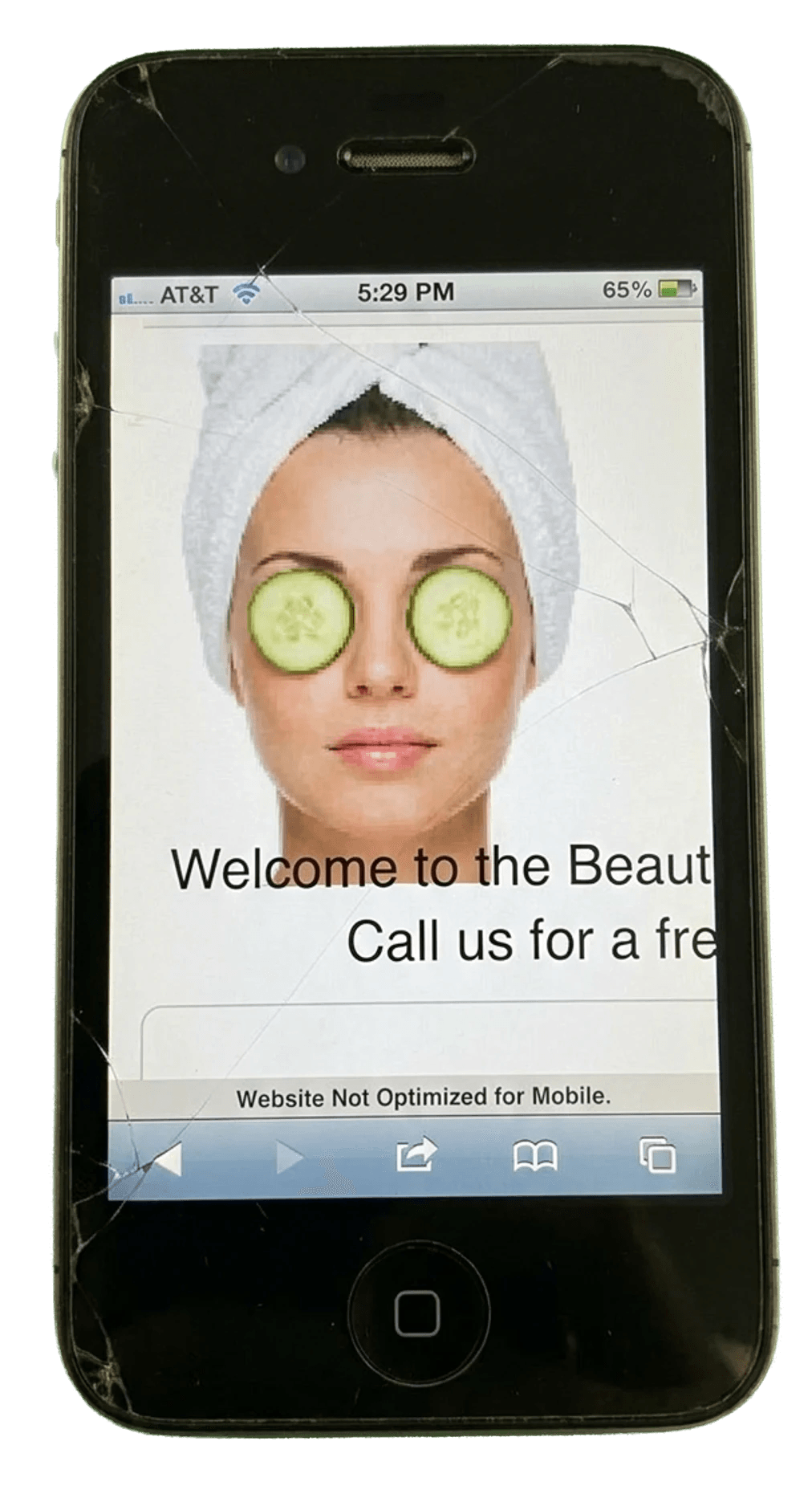 A cracked old iPhone showing a non-responsive practice website with text cut off and a 'Website Not Optimized for Mobile' warning