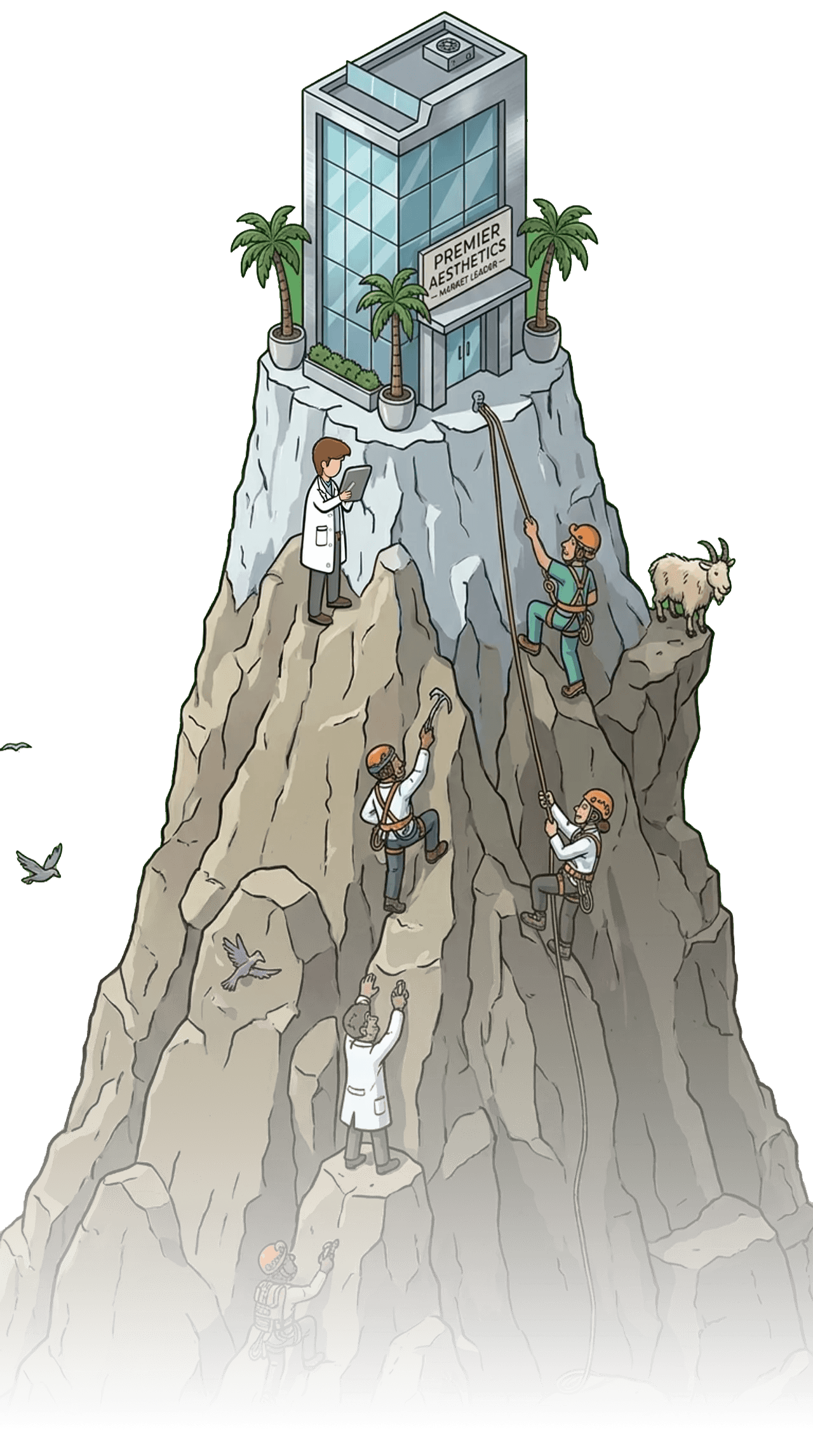 Illustrated mountain with the market-leader's practice 'Premier Aesthetics' perched at the summit while climbers, surgeons and rivals, work their way up the slopes toward it