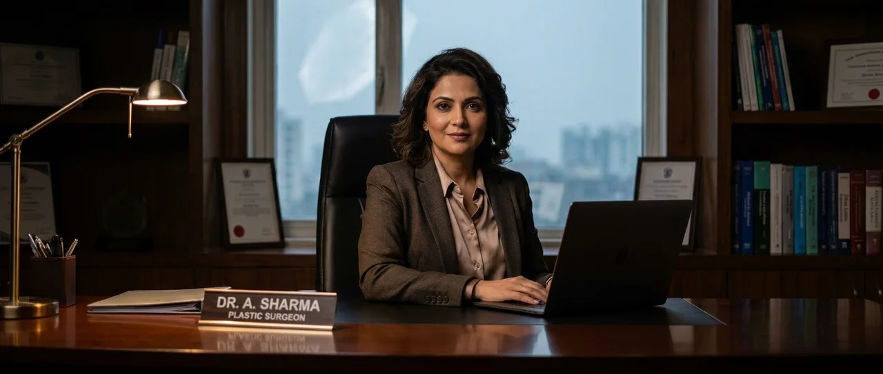 A plastic surgeon at her desk in a softly lit office with framed credentials, books, and a city view behind her