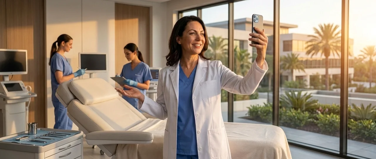 A female plastic surgeon in a white coat in a beautifully designed exam room, the warmth patients feel in person