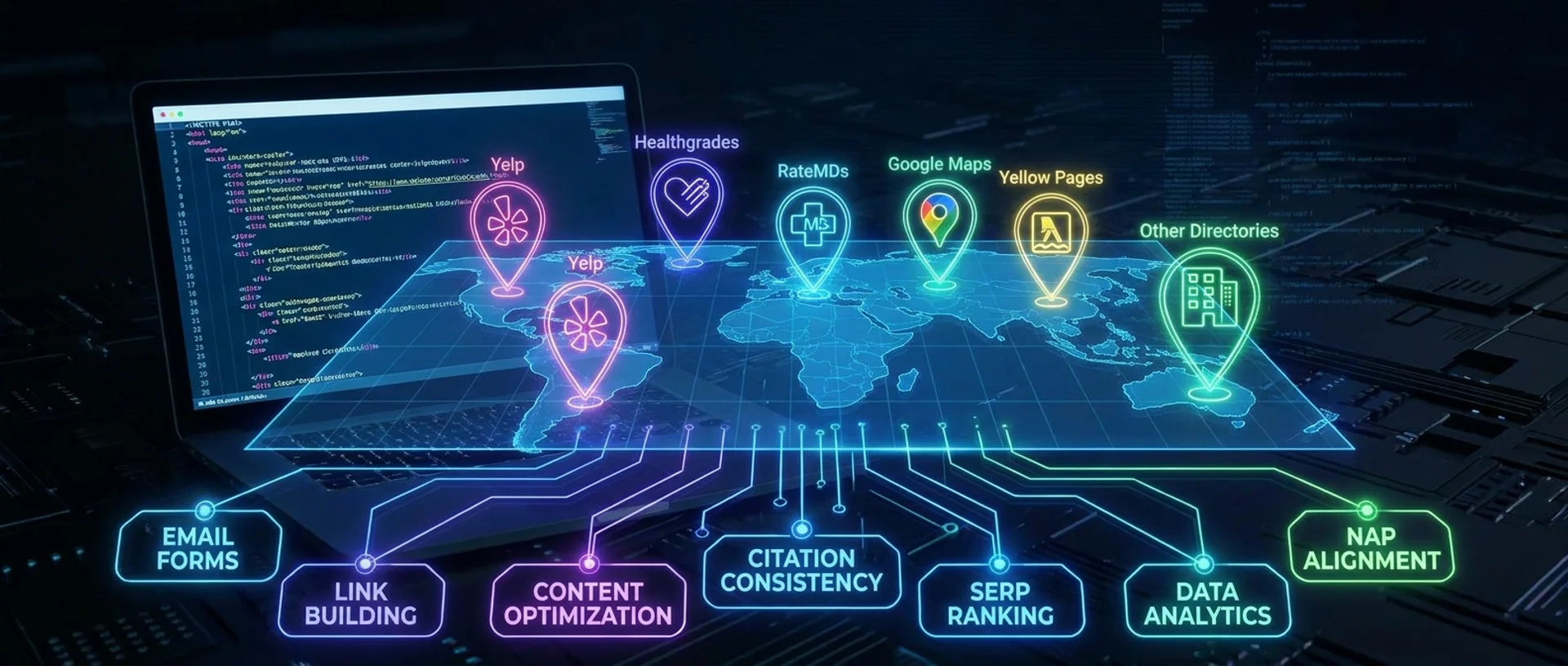 A wide map of directory pins and labels for the defensive marketing work that holds rankings together