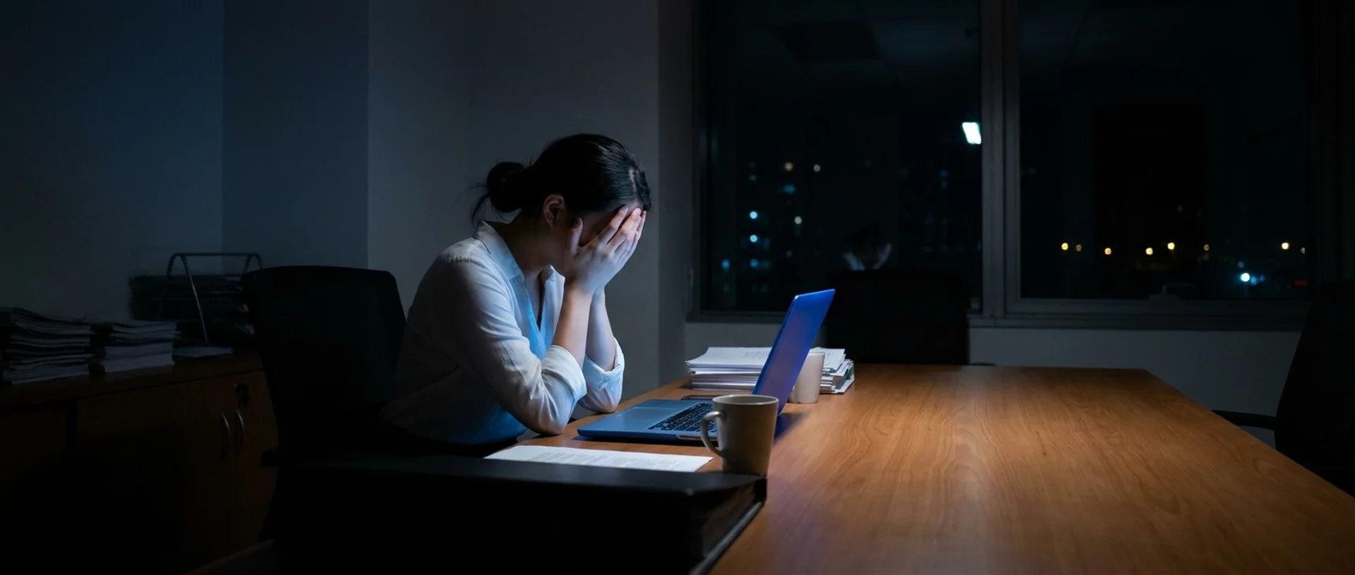 A marketing director alone at her desk late at night, head in hands, what 'agency hands you a dashboard and disappears' looks like at 9pm