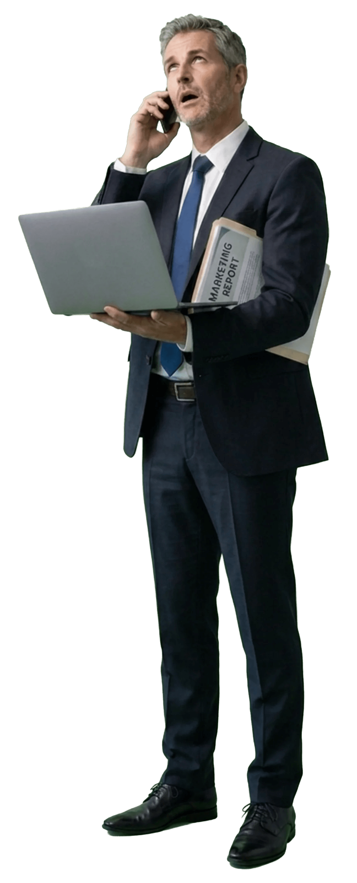 Marketing director in a suit holding a laptop, phone to ear, marketing report binder under his arm, pulled in three directions by stakeholders all looking at him for answers