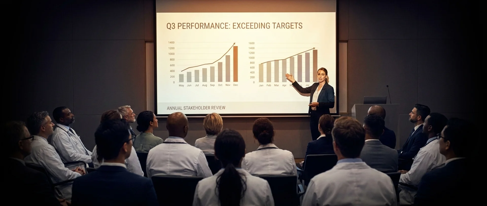 Marketing director presenting 'Q3 PERFORMANCE: EXCEEDING TARGETS' at an annual stakeholder review to a packed room of doctors and executives, two upward-trending bar charts on screen