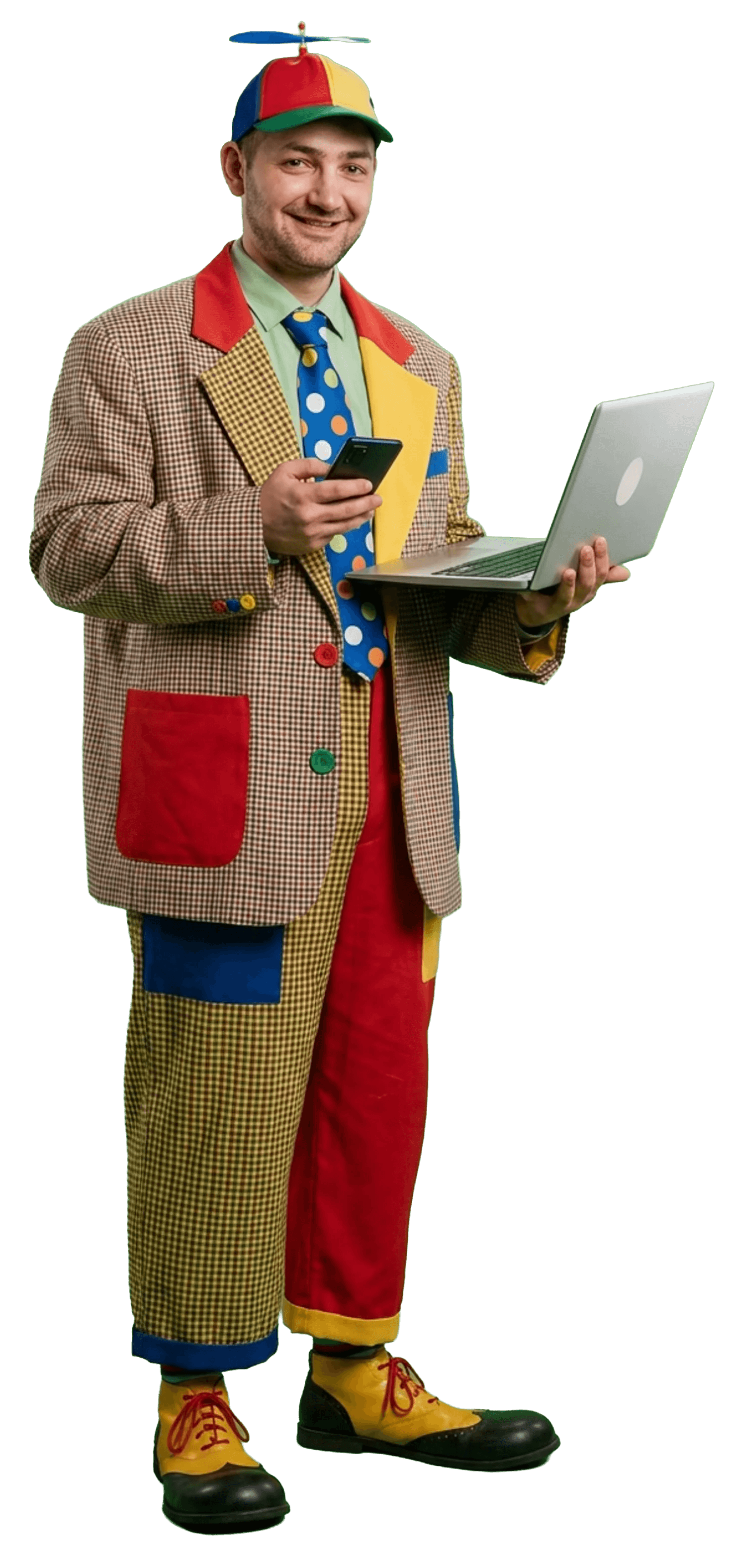 A clown holding a laptop and phone, a metaphor for the chaotic mix of marketing vendors the role usually inherits