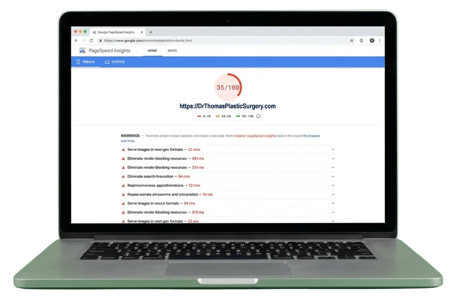 Google PageSpeed Insights laptop showing a failing 35/100 performance score with a long list of warnings, what Google sees on most practice sites