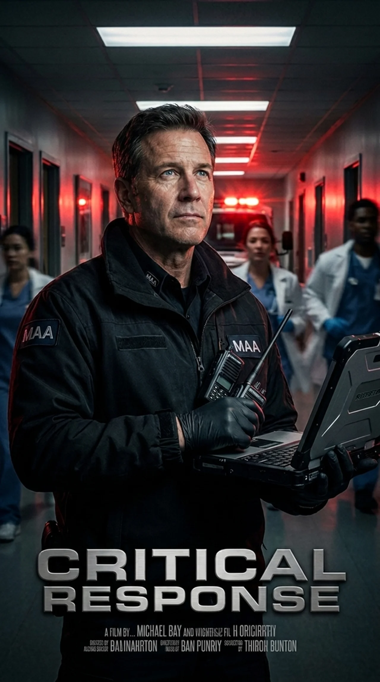 Movie-poster portrait of an MAA emergency-response paramedic in branded jacket holding a ruggedized laptop and emergency radio, standing in a hospital corridor with red emergency lights and out-of-focus medical staff behind him. Title bar reads 'CRITICAL RESPONSE'.