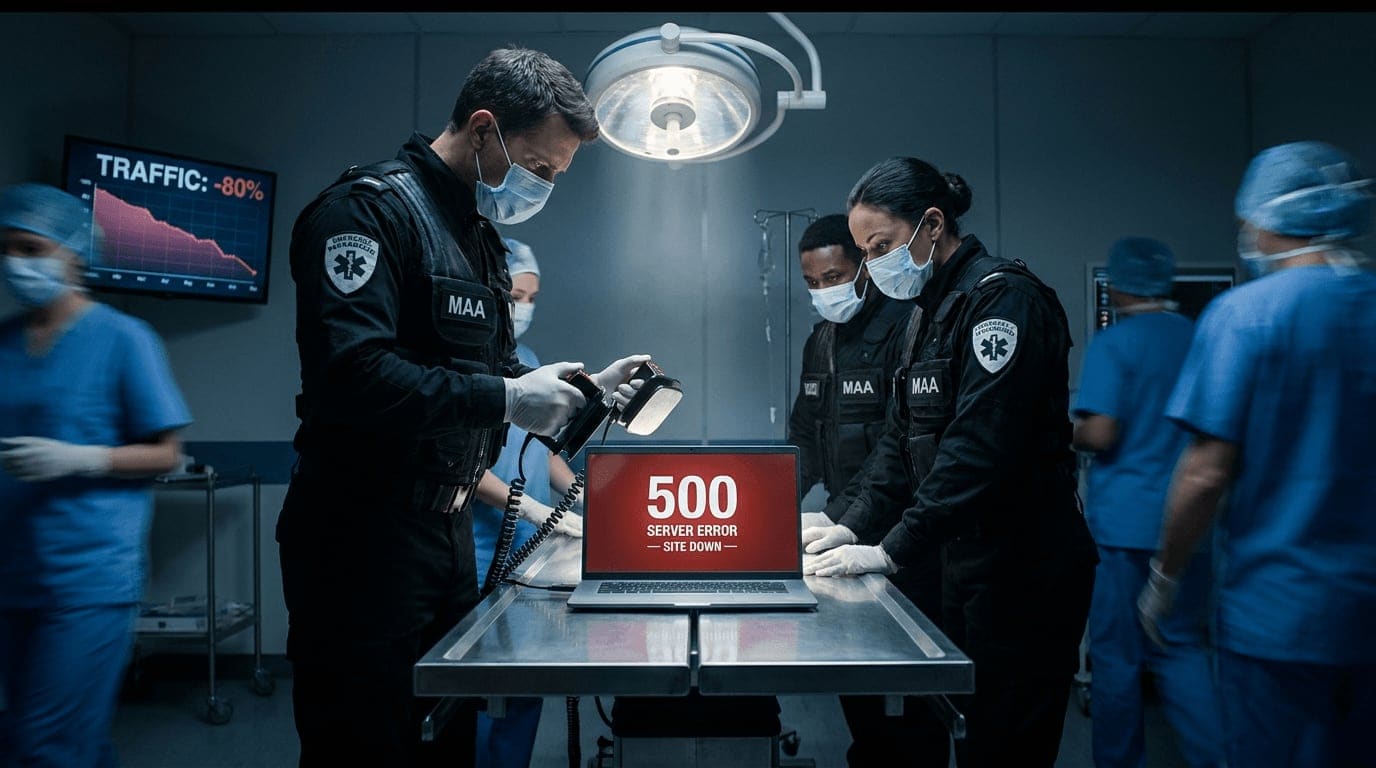 Three emergency technicians in black MAA-branded uniforms performing an emergency procedure on an open laptop on a surgical table, defibrillator paddles labeled MAA over a screen showing 500 SERVER ERROR. Wall monitor displays TRAFFIC -30%.