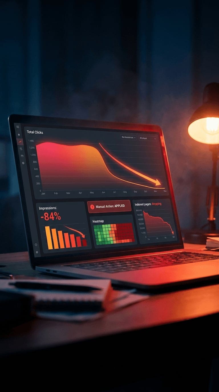 Search Console-style analytics dashboard glowing red and orange on a laptop in a dim office, clicks line graph plunging off a cliff, impressions down 84%, manual action applied, rankings heatmap turning red. The moment the doctor sees how bad it is.
