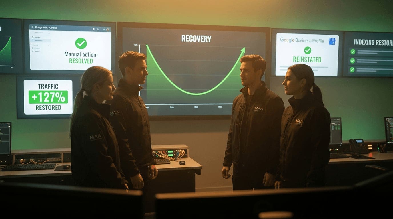 Three calm MAA specialists at a wall of monitors showing recovery in green, a traffic graph reversing upward, a Google manual action marked RESOLVED, a Google Business Profile REINSTATED confirmation, indexing restored, the quiet victory after the fire