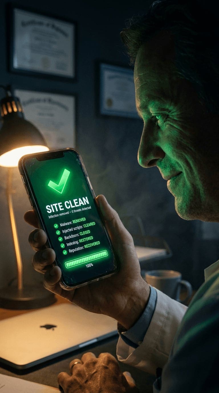 Vertical close-up of a smartphone glowing vivid green in a doctor's steady hand, the screen reads SITE CLEAN, infection removed, malware cleared, indexing restored. The moment the crisis ended.