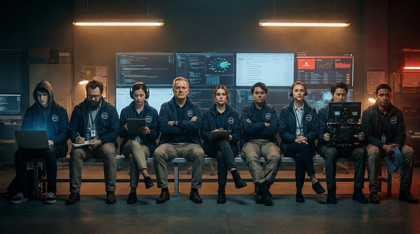 A long bench filled shoulder-to-shoulder with MAA crisis specialists, hackers, SEO veterans, security analysts, hosting engineers, headset-wearing support, code-warriors with laptops, the deep bench you call when it's bad