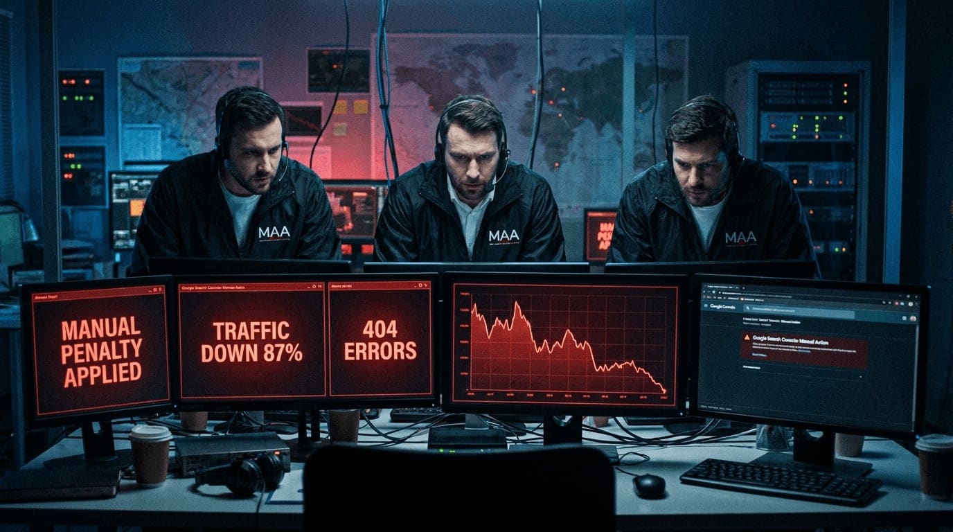 Wide cinematic shot of three MAA crisis-response specialists in a dim war room at multiple monitors, red alerts on every screen: MANUAL PENALTY APPLIED, TRAFFIC DOWN 87%, 404 ERRORS, declining traffic chart