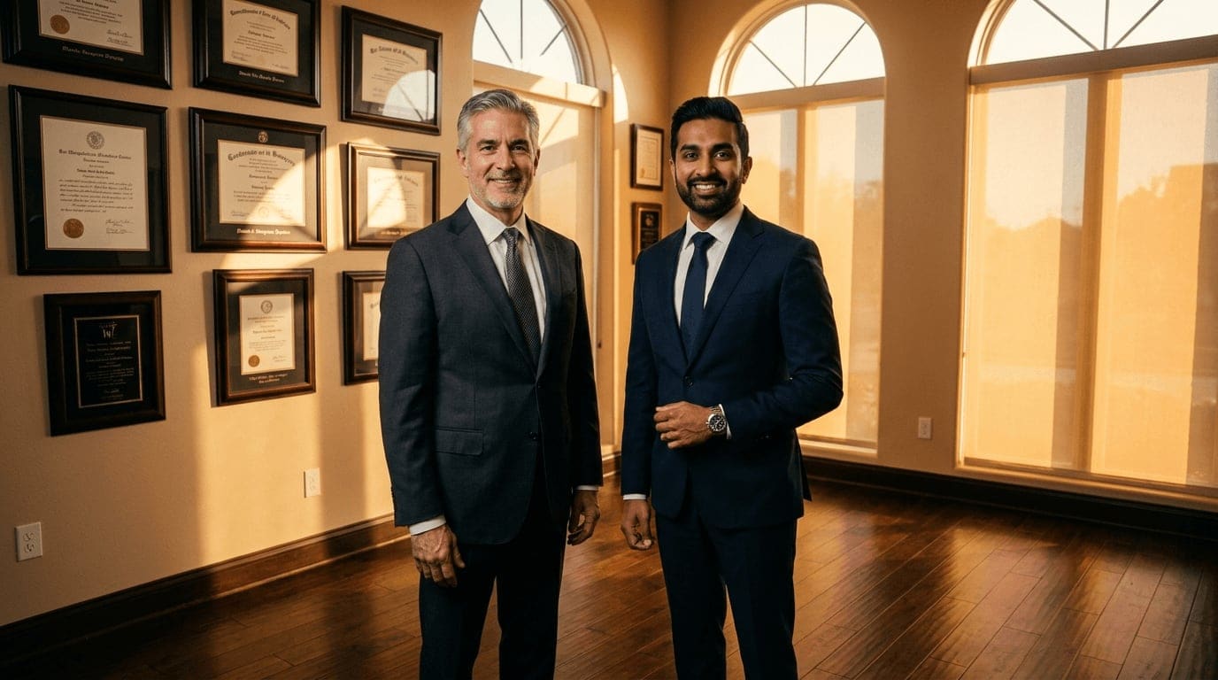 A senior surgeon standing beside a younger surgeon in front of a credential wall, the moment of handoff from one generation to the next