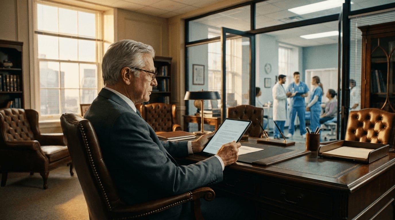 A senior surgeon at an executive desk reviewing reports while the active practice runs in soft focus behind the glass, the role evolved from operator to oversight