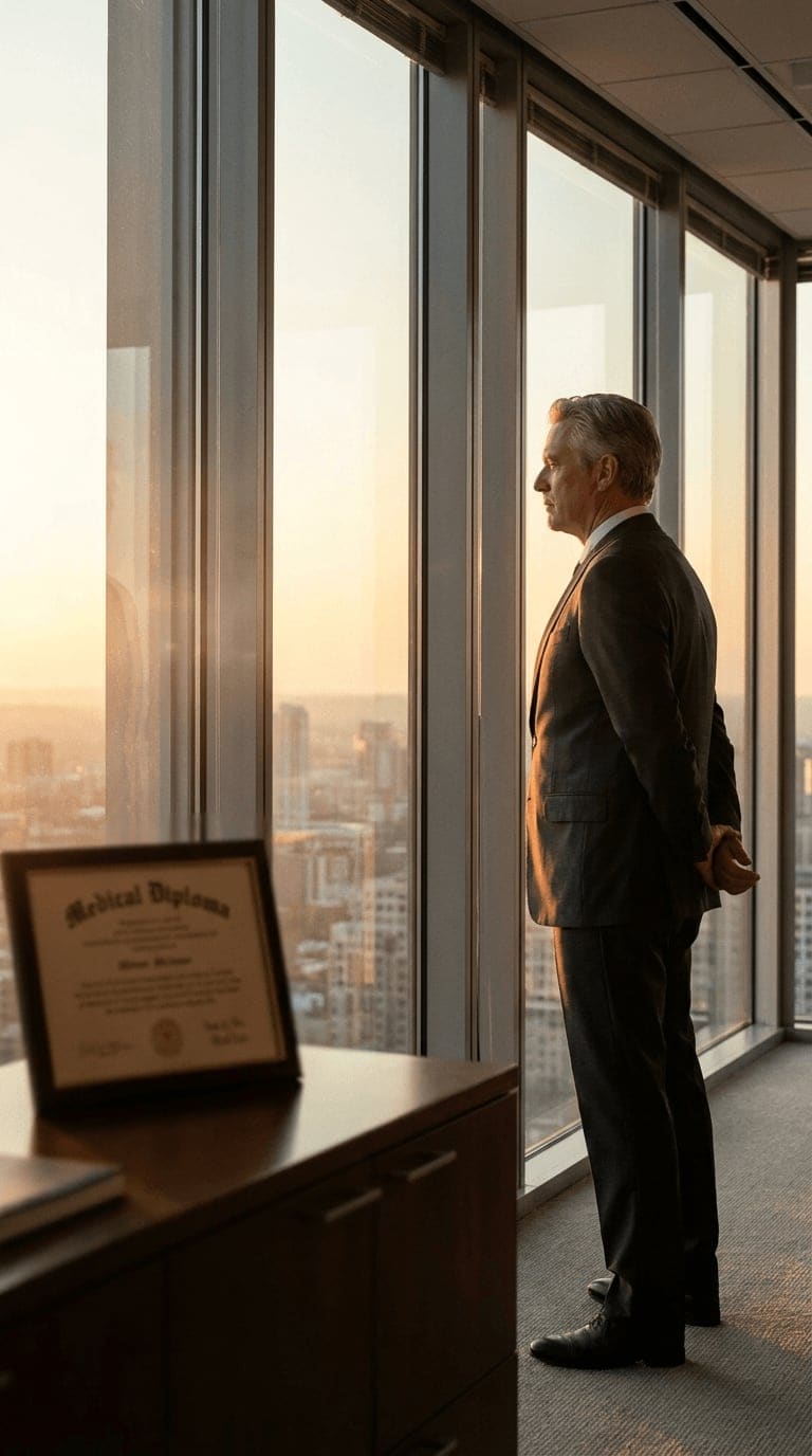 Distinguished surgeon in a charcoal suit standing at the floor-to-ceiling windows of a corner office at golden hour, looking out over the city, the inflection point where strategic decisions about the next chapter get made calmly