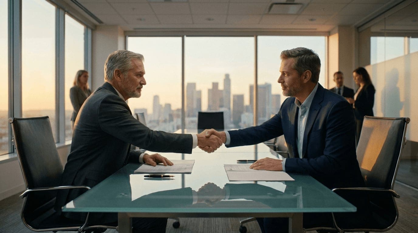 A surgeon shaking hands with a private-equity buyer across a glass boardroom table, the moment a deal closes calmly