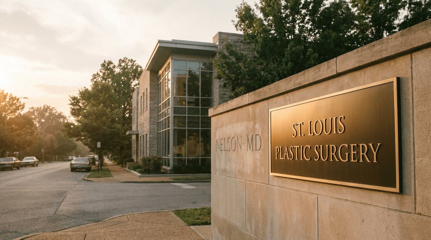A modern practice sign reading 'ST. LOUIS PLASTIC SURGERY' with faintly ghosted older lettering behind it, the transition implied rather than announced