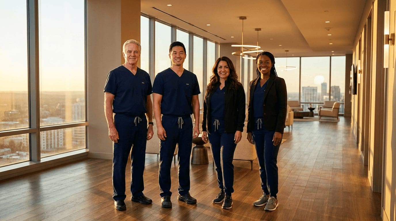 A diverse team of four professionals standing shoulder-to-shoulder in a sunlit upscale practice, the practice that's bigger than one person
