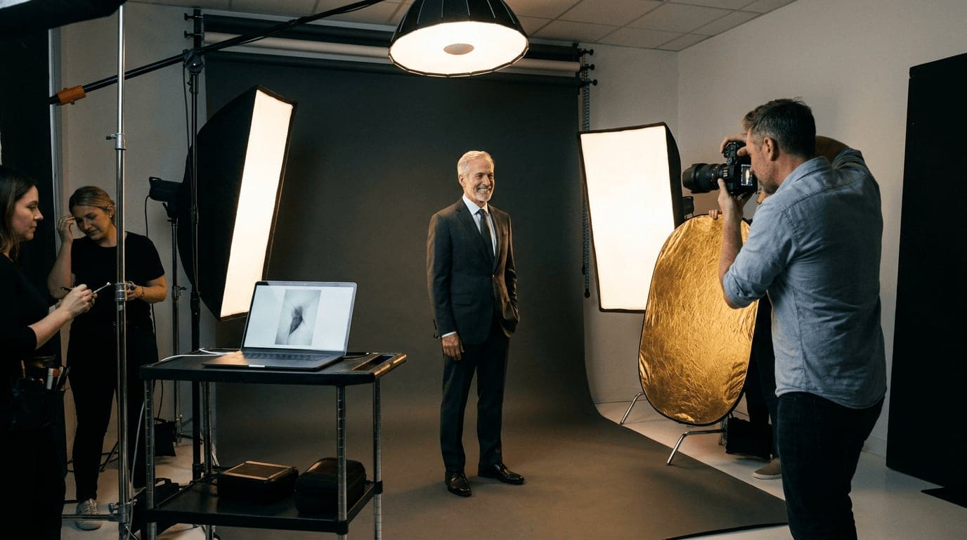A distinguished surgeon being photographed in a magazine-quality portrait studio with professional lighting