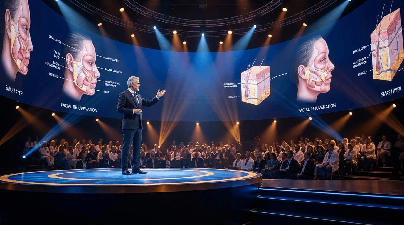 A distinguished plastic surgeon mid-keynote at a major medical conference, gesturing toward a giant illuminated screen