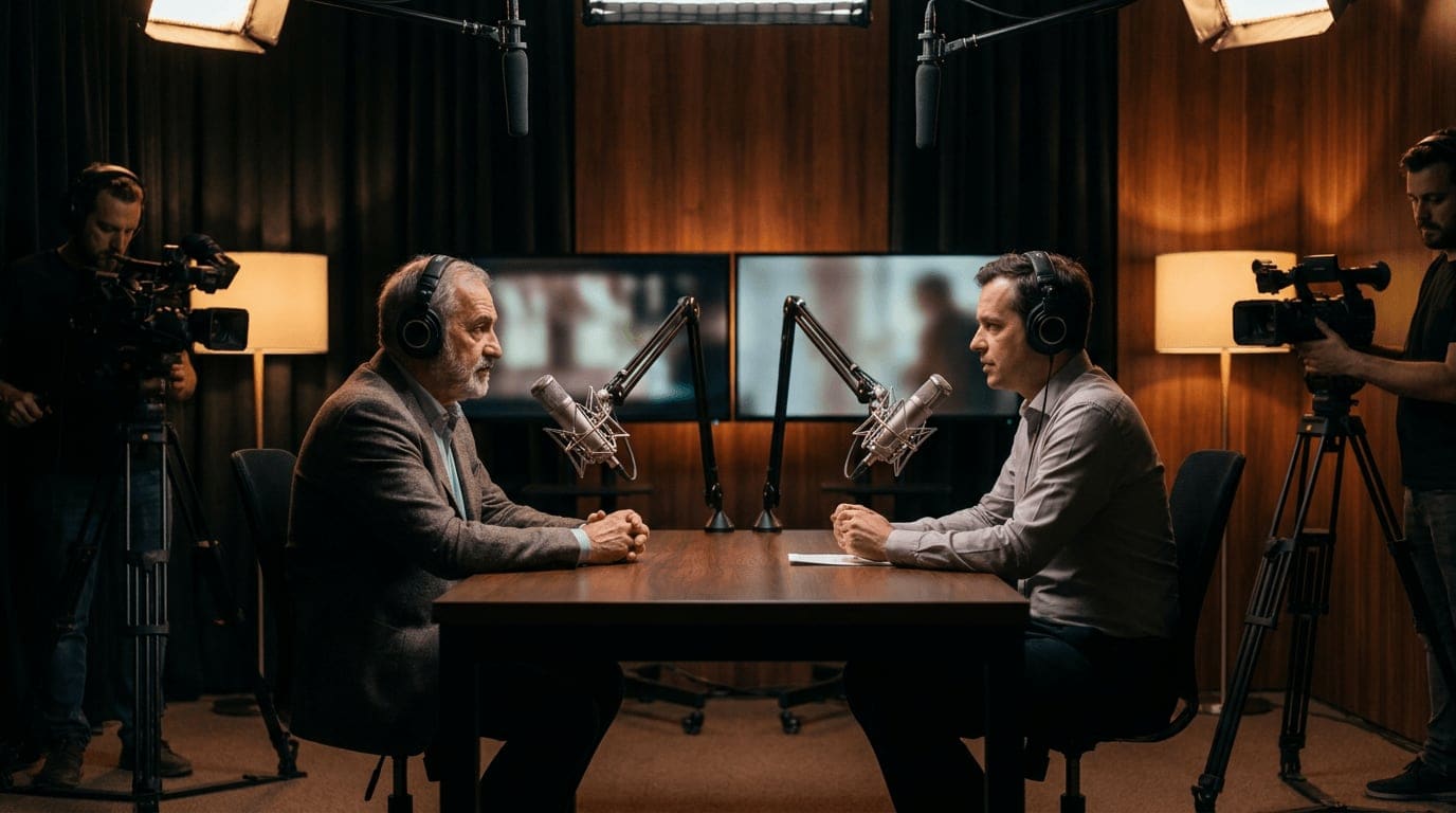 A distinguished surgeon being interviewed in a professional podcast studio with broadcast microphones