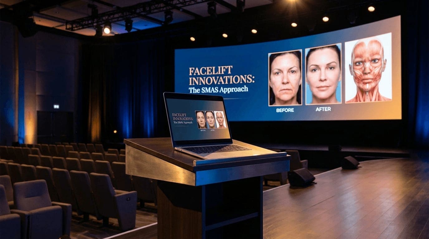 A conference stage podium with a laptop displaying a presentation slide, mirrored on a large illuminated screen behind it