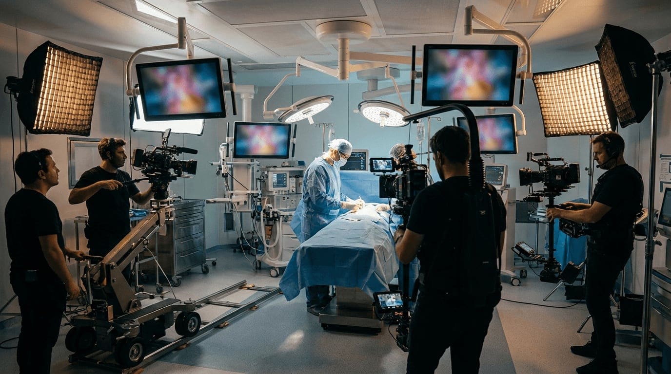 A modern operating room set up for surgical-video capture, cameras positioned around the OR table
