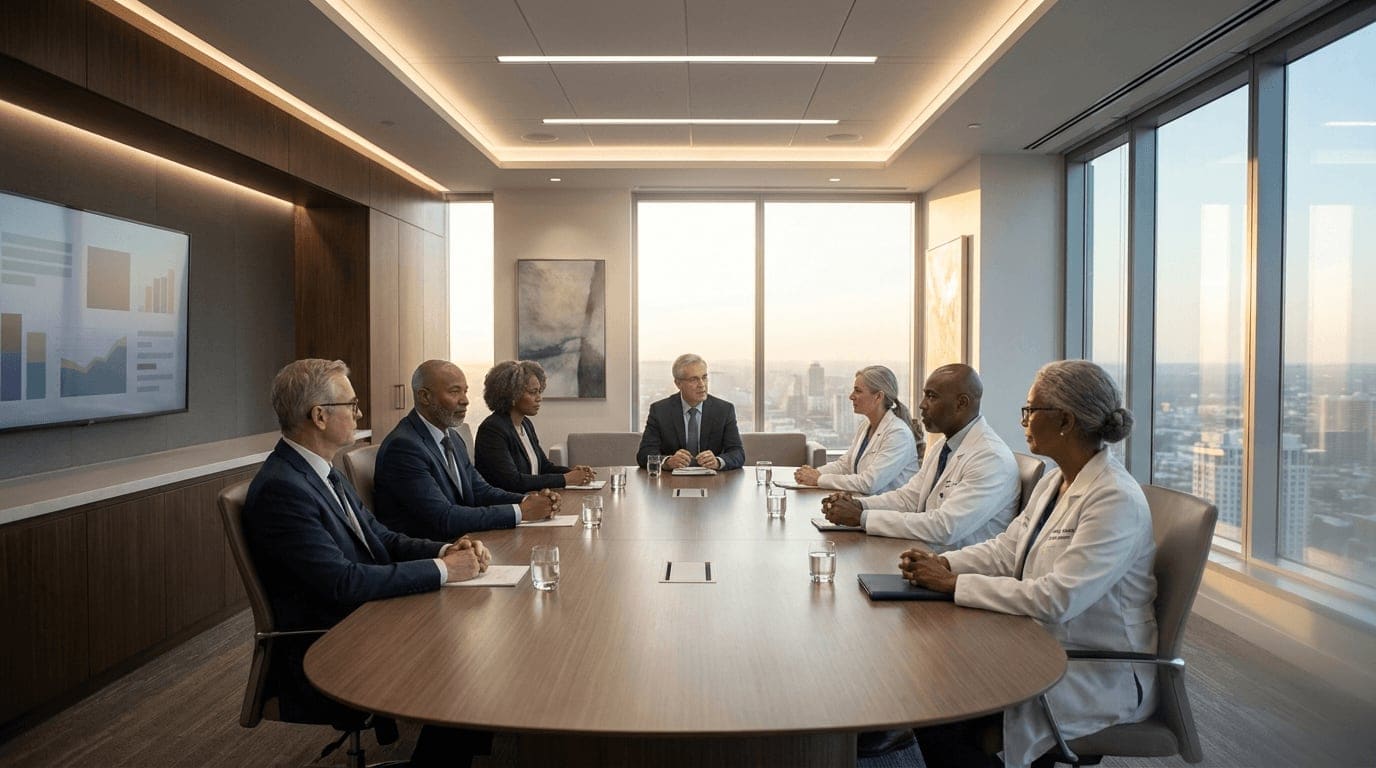 A hospital executive boardroom with senior executives and clinical leaders around a table, the multi-stakeholder reality of enterprise decisions