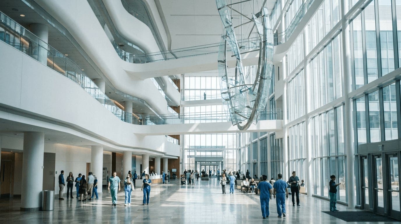 A soaring modern hospital atrium with floor-to-ceiling glass and elevated walkways, the scale that massive-scope search is built for