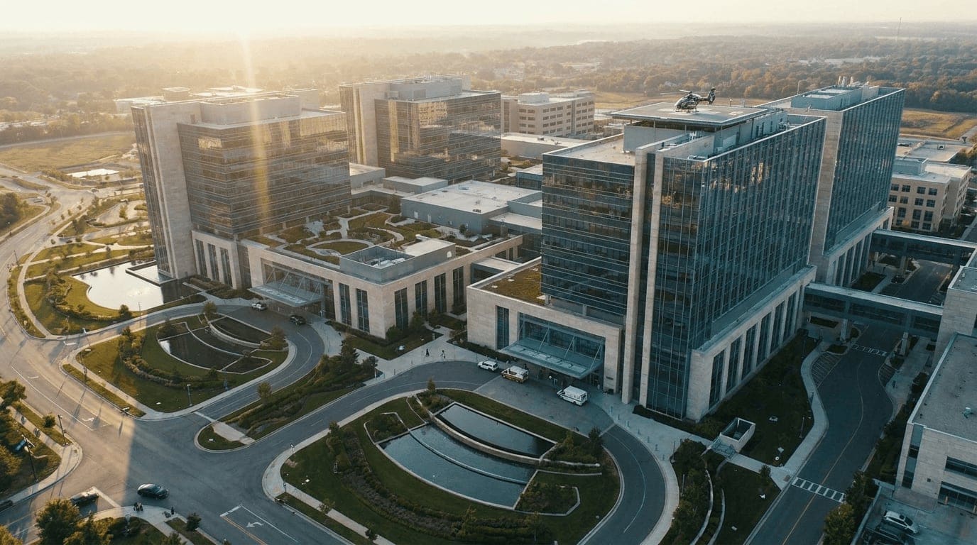 Aerial golden-hour shot of a sprawling modern hospital and medical-campus complex, multiple connected buildings, helipad, landscaped grounds, the scale that modular marketing systems are built for