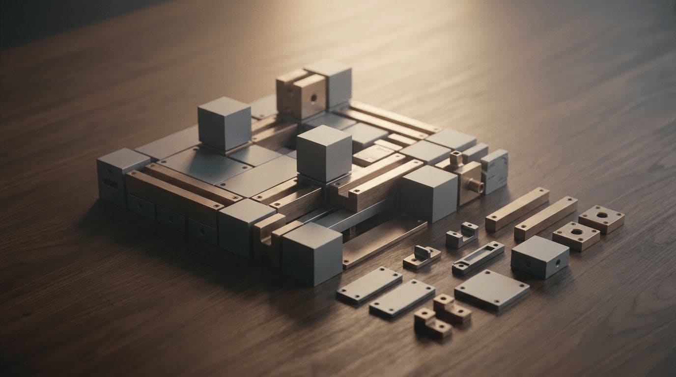 Precision-machined geometric modules partially assembled into a larger structure, a metaphor for modular marketing that scales