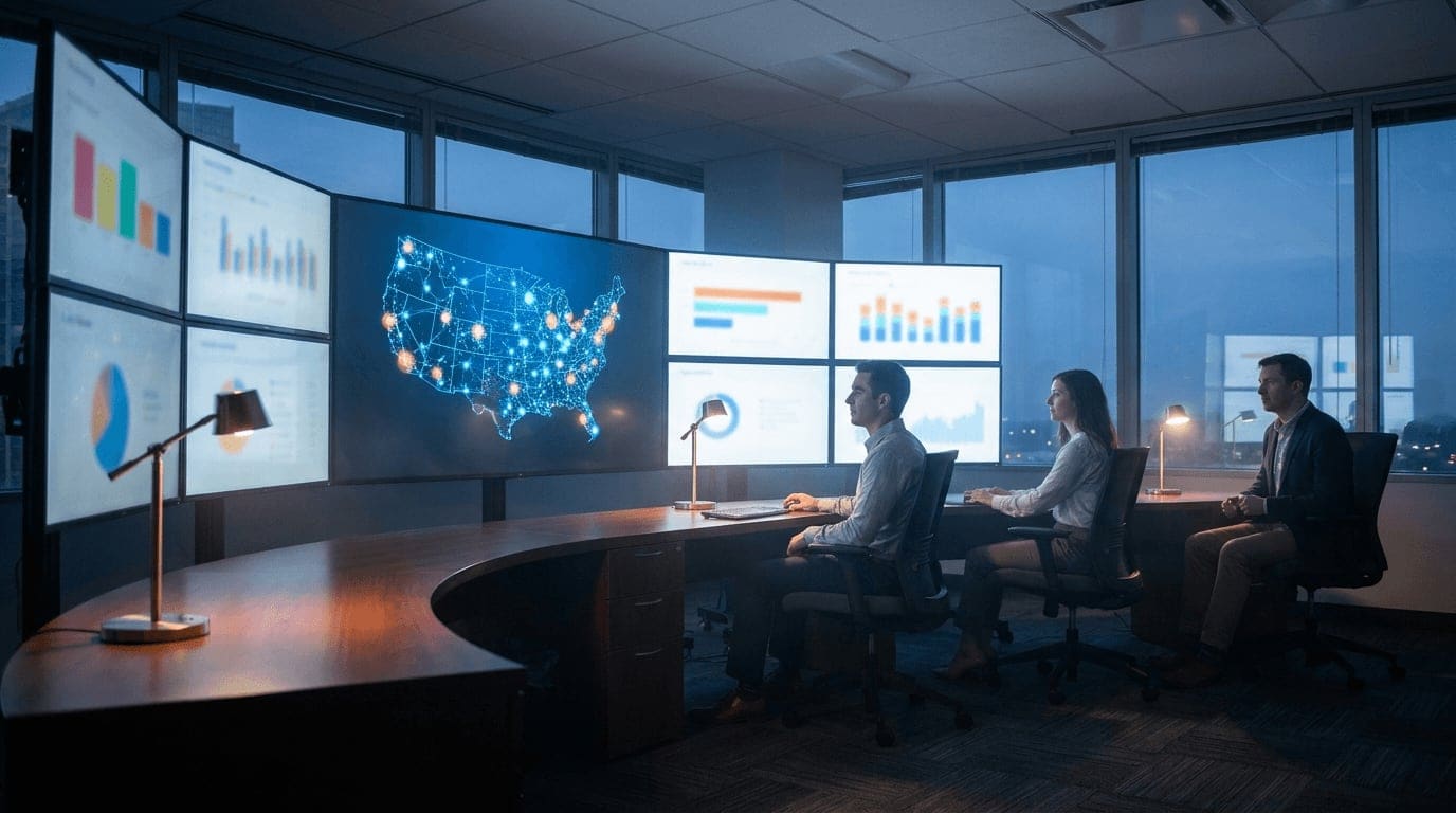 A modern marketing operations center with a wall of monitors showing a map of glowing location nodes across the country