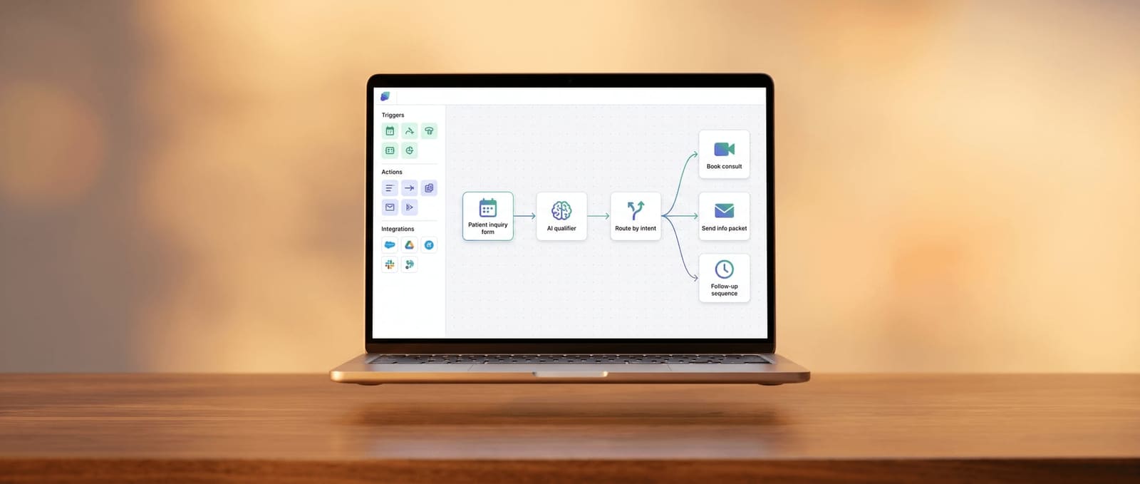 Laptop showing a visual automation workflow builder with patient-inquiry triggers flowing through an AI qualifier into routed booking, info-packet, and follow-up branches