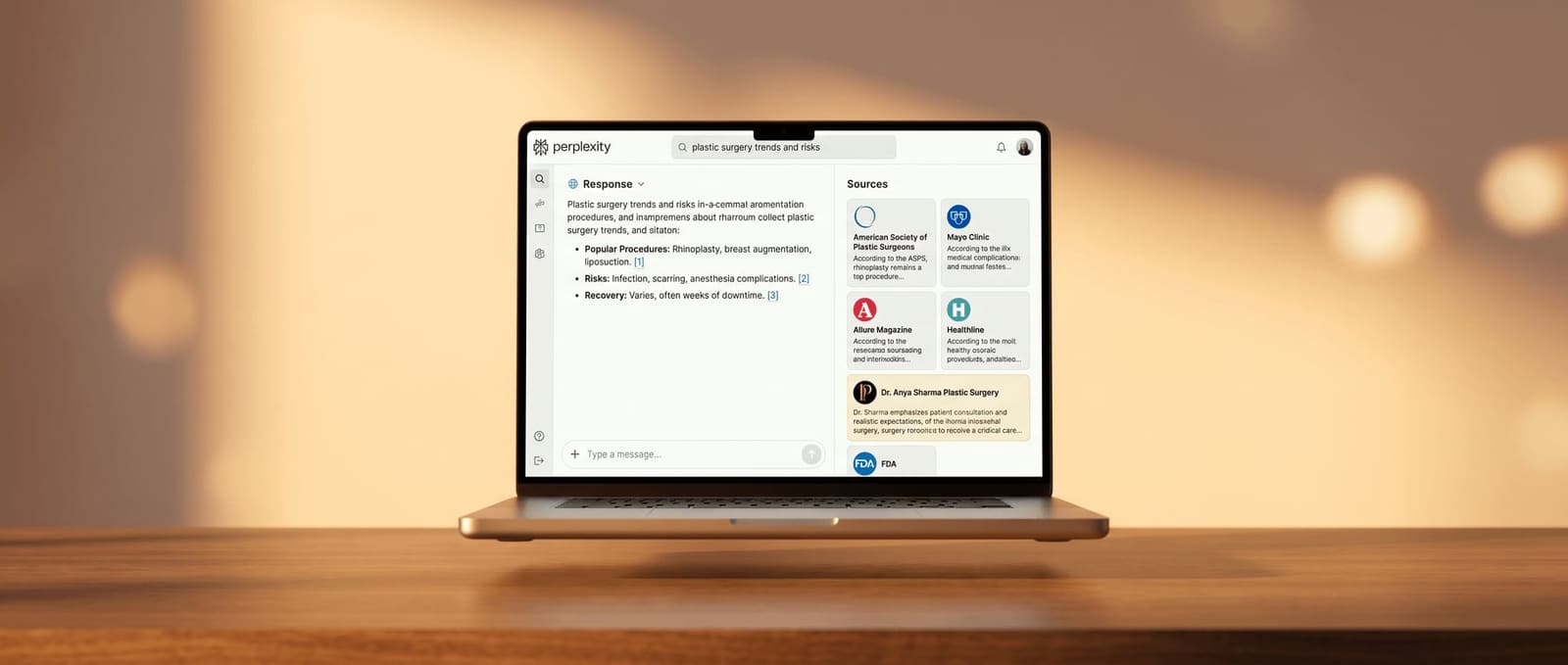 Laptop showing the Perplexity AI interface with a structured, sourced response and a Sources panel of citation cards
