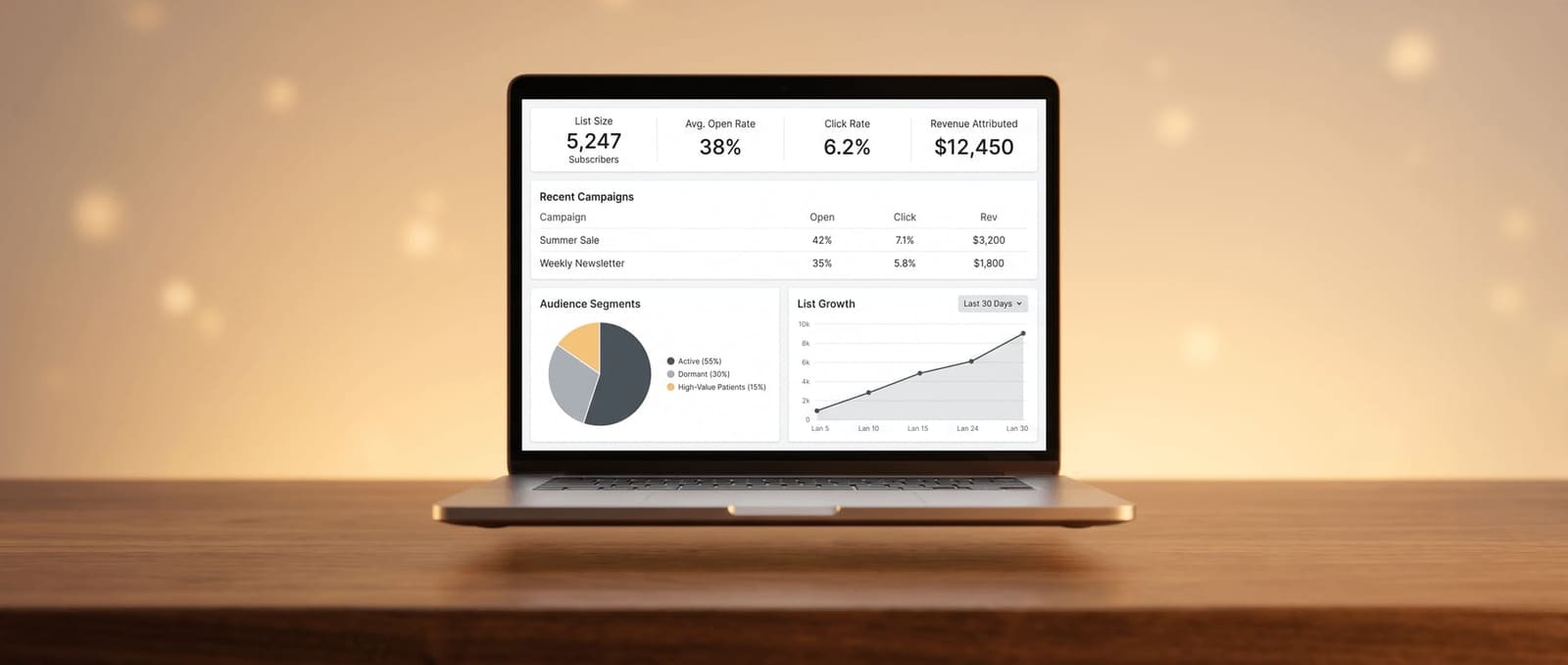 Laptop showing an email marketing analytics dashboard with list size, open rate, click rate, campaign performance, and a list-growth chart
