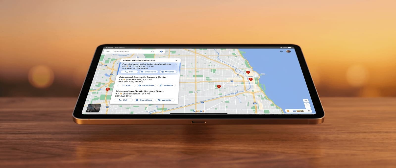 iPad showing a wide Google Maps view of a metropolitan area with a local 3-pack overlay and numbered red pin markers