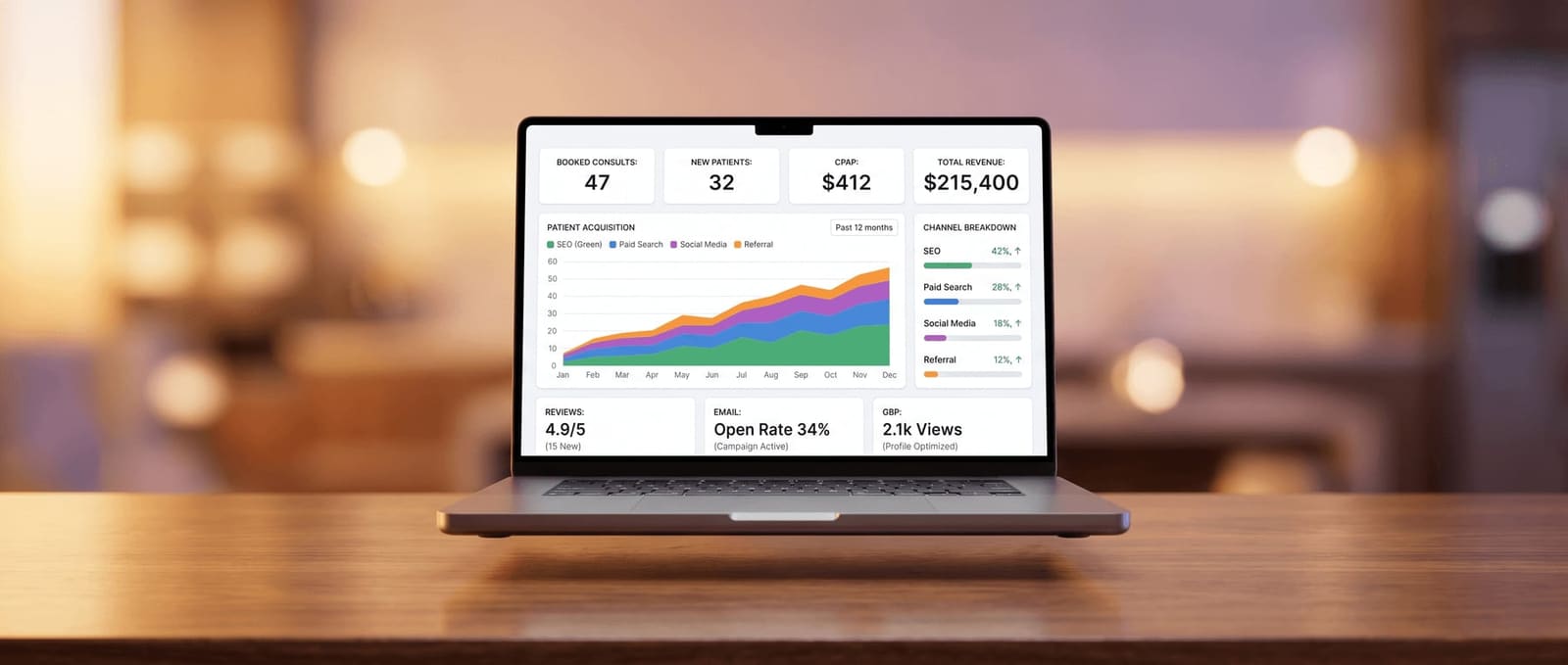 Laptop showing a comprehensive unified marketing operations dashboard with KPIs for consults, new patients, cost per acquired patient, total revenue, and a 12-month patient-acquisition area chart by channel