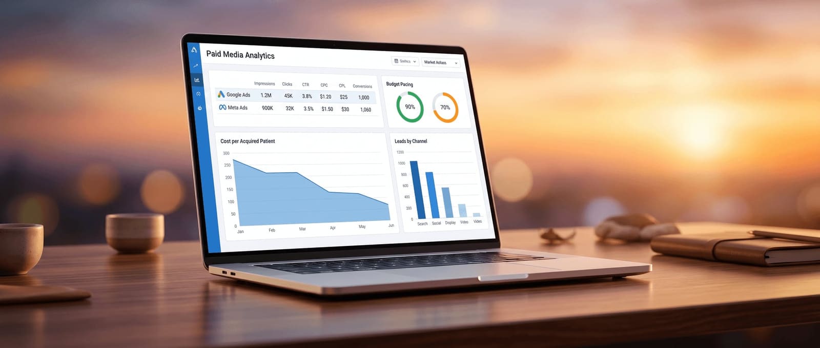 Laptop showing a call-tracking and lead dashboard: calls by source, booked-consult rate, and cost per consult by channel