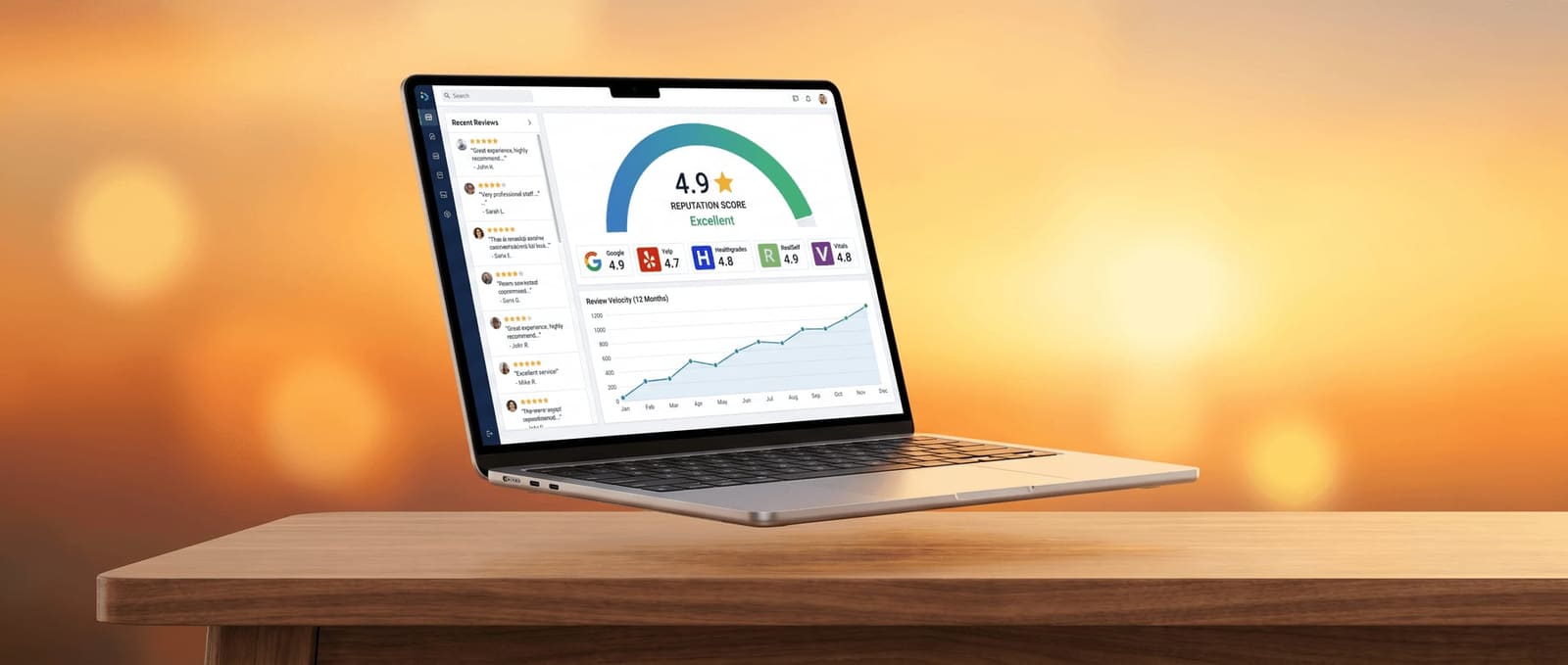 Laptop showing a reputation dashboard with an overall 4.9-star gauge, multi-platform ratings across Google, Yelp, Healthgrades, RealSelf and Vitals, and a review-velocity chart trending up
