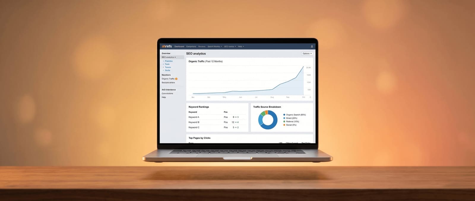 Laptop on a walnut desk showing an SEO analytics dashboard, an organic-traffic line chart trending up over 12 months, keyword-ranking position improvements, top pages by clicks, and a traffic-source donut chart