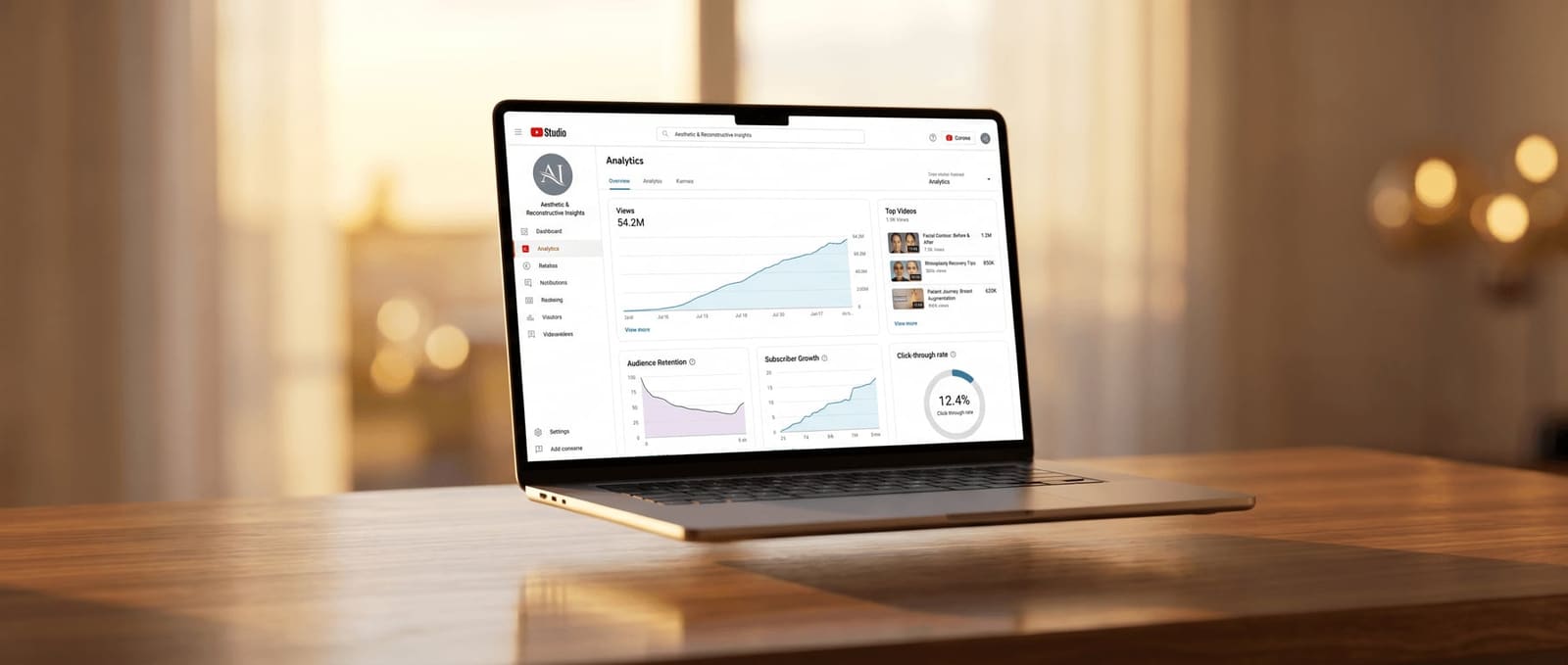 Laptop showing YouTube Studio analytics with a views-over-time chart, audience-retention curve, top-performing videos, and subscriber growth