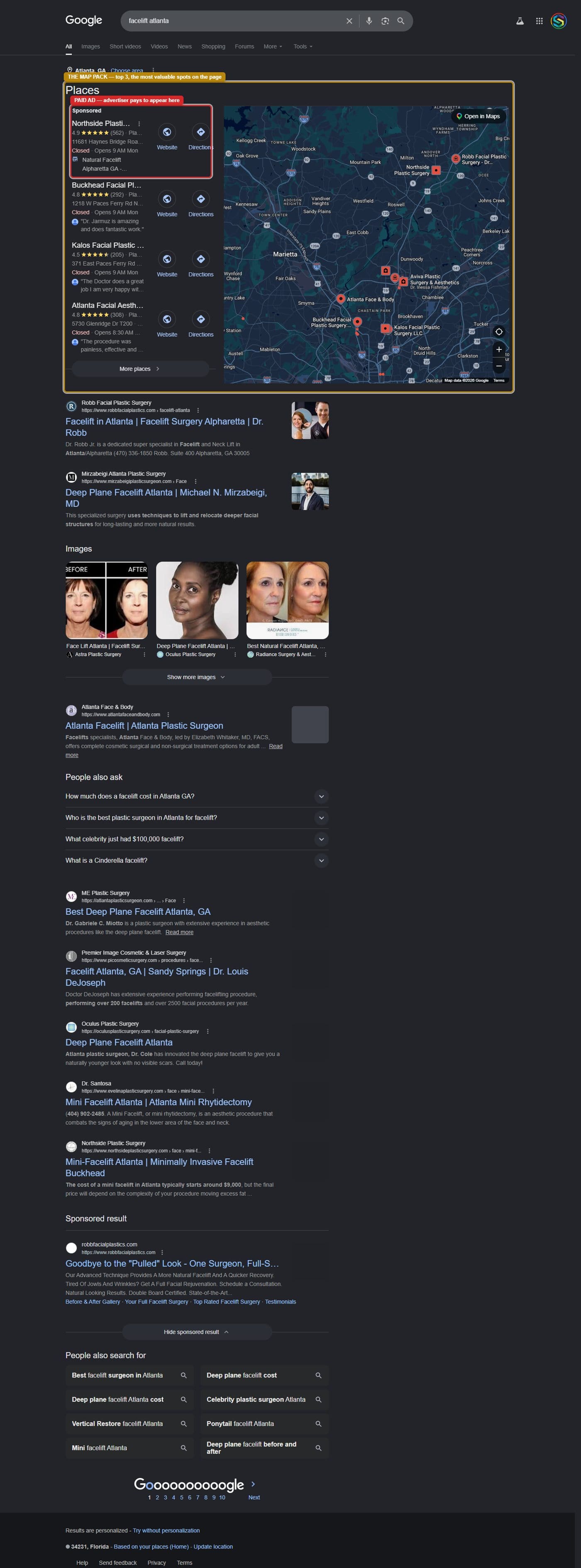 The search results, annotated