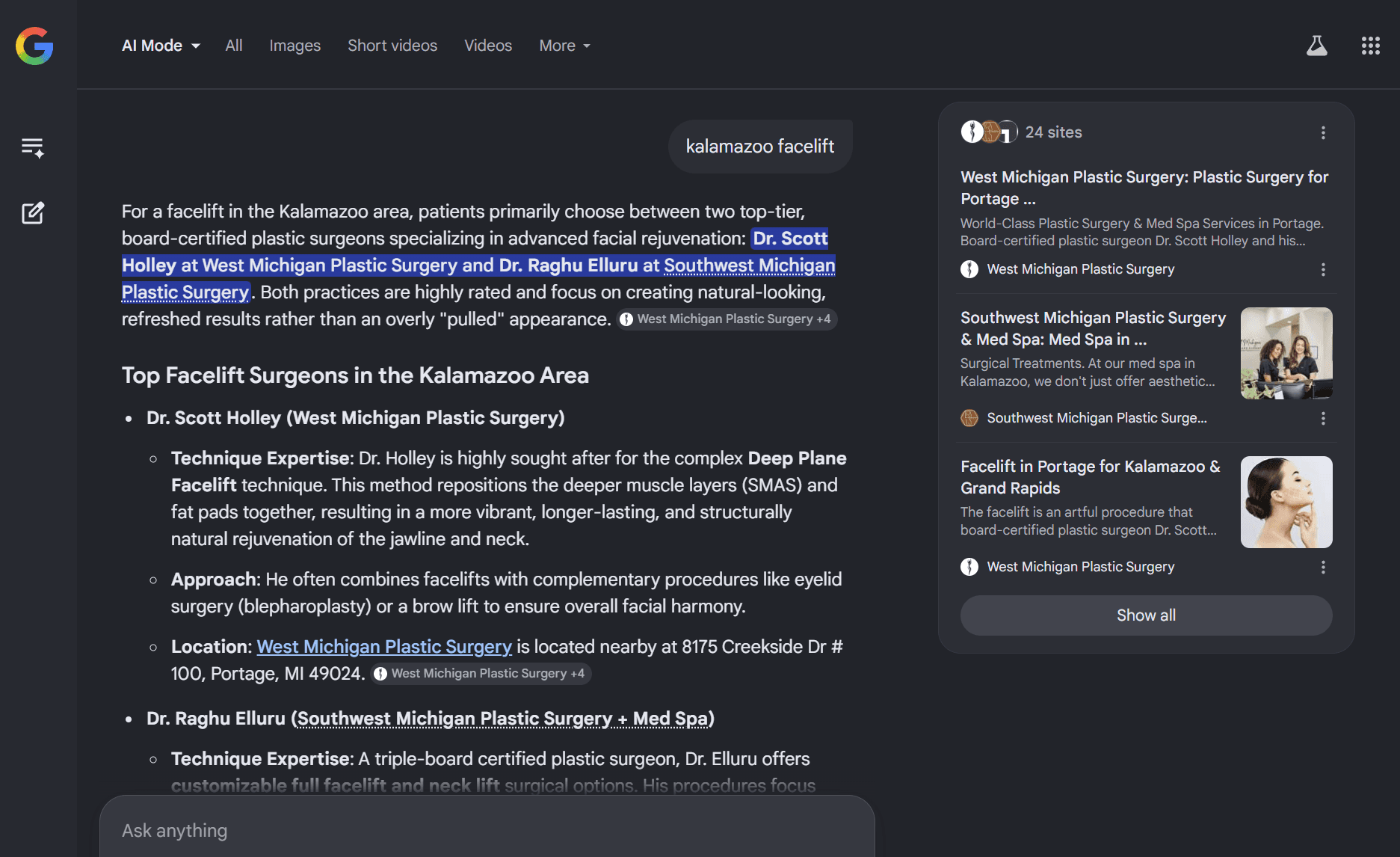 Google AI Mode answer for 'kalamazoo facelift' naming Dr. Scott Holley first
