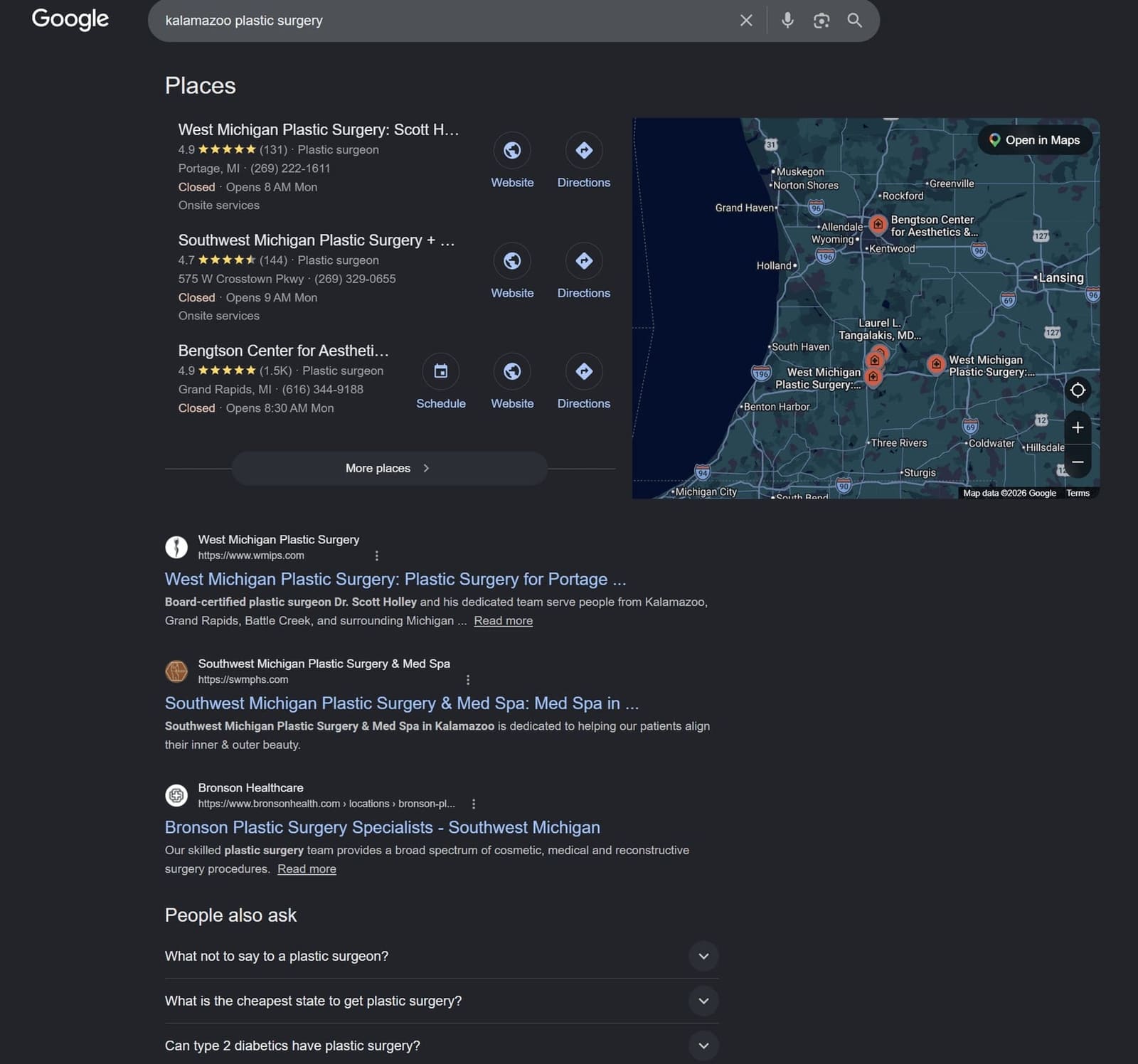 Google results for 'kalamazoo plastic surgery' — West Michigan Plastic Surgery ranked #1