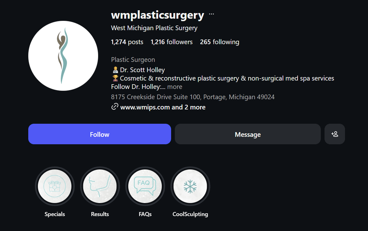 Instagram profile for West Michigan Plastic Surgery with highlights and a steady feed