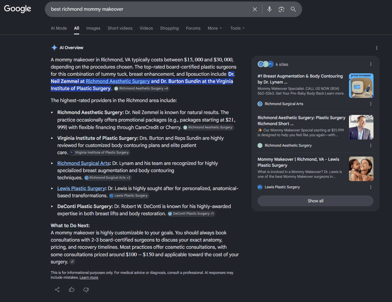 Google AI Overview citing Richmond Surgical Arts as the top source